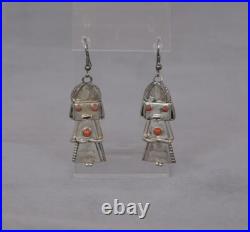 Vintage Navajo Sterling Silver Kachina Earrings Coral 2.5 Drop Dangles
