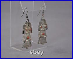 Vintage Navajo Sterling Silver Kachina Earrings Coral 2.5 Drop Dangles