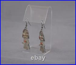 Vintage Navajo Sterling Silver Kachina Earrings Coral 2.5 Drop Dangles