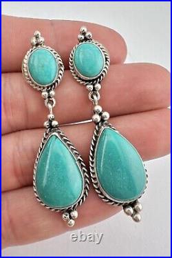 Vintage Navajo Sterling Silver Kingman Turquoise Dangle Earrings 2.25