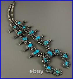 Vintage Navajo Sterling Silver Kingman Turquoise Squash Blossom Necklace