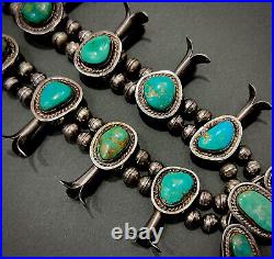 Vintage Navajo Sterling Silver Lone Mountain Turquoise Squash Blossom Necklace