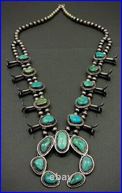 Vintage Navajo Sterling Silver Lone Mountain Turquoise Squash Blossom Necklace