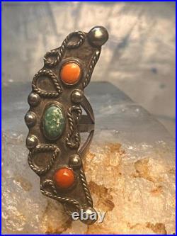 Vintage Navajo Sterling Silver Long Crescent Moon Turquoise Coral Ring Size 7