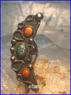 Vintage Navajo Sterling Silver Long Crescent Moon Turquoise Coral Ring Size 7