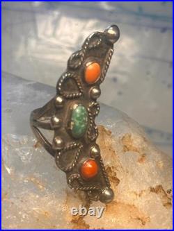 Vintage Navajo Sterling Silver Long Crescent Moon Turquoise Coral Ring Size 7