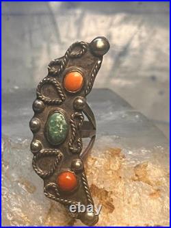 Vintage Navajo Sterling Silver Long Crescent Moon Turquoise Coral Ring Size 7