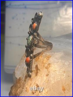 Vintage Navajo Sterling Silver Long Crescent Moon Turquoise Coral Ring Size 7