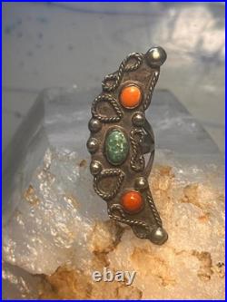 Vintage Navajo Sterling Silver Long Crescent Moon Turquoise Coral Ring Size 7