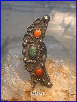 Vintage Navajo Sterling Silver Long Crescent Moon Turquoise Coral Ring Size 7