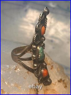 Vintage Navajo Sterling Silver Long Crescent Moon Turquoise Coral Ring Size 7