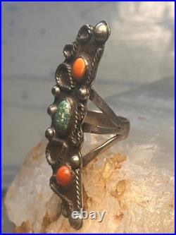 Vintage Navajo Sterling Silver Long Crescent Moon Turquoise Coral Ring Size 7