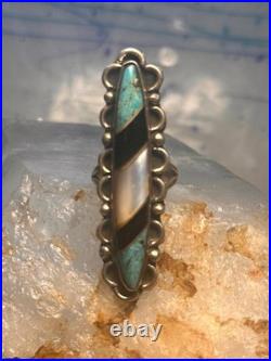 Vintage Navajo Sterling Silver Long Inlay Turquoise Onyx MOP Ring Size 5.75