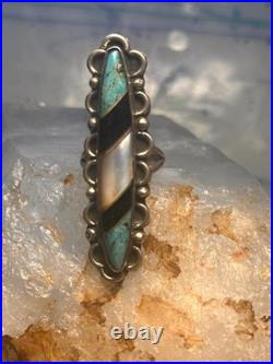 Vintage Navajo Sterling Silver Long Inlay Turquoise Onyx MOP Ring Size 5.75