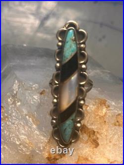 Vintage Navajo Sterling Silver Long Inlay Turquoise Onyx MOP Ring Size 5.75