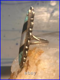 Vintage Navajo Sterling Silver Long Inlay Turquoise Onyx MOP Ring Size 5.75
