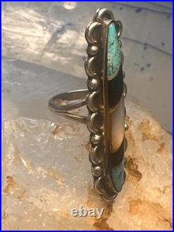 Vintage Navajo Sterling Silver Long Inlay Turquoise Onyx MOP Ring Size 5.75