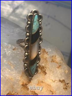Vintage Navajo Sterling Silver Long Inlay Turquoise Onyx MOP Ring Size 5.75