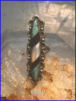 Vintage Navajo Sterling Silver Long Inlay Turquoise Onyx MOP Ring Size 5.75