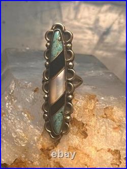 Vintage Navajo Sterling Silver Long Inlay Turquoise Onyx MOP Ring Size 5.75