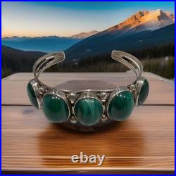 Vintage Navajo Sterling Silver Malachite Large Stones Cuff 44.1g Signed Sz 8.5