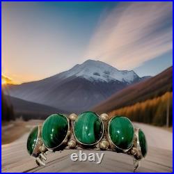 Vintage Navajo Sterling Silver Malachite Large Stones Cuff 44.1g Signed Sz 8.5