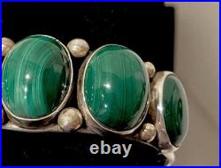 Vintage Navajo Sterling Silver Malachite Large Stones Cuff 44.1g Signed Sz 8.5