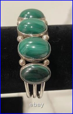 Vintage Navajo Sterling Silver Malachite Large Stones Cuff 44.1g Signed Sz 8.5