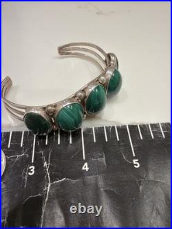 Vintage Navajo Sterling Silver Malachite Large Stones Cuff 44.1g Signed Sz 8.5
