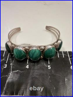 Vintage Navajo Sterling Silver Malachite Large Stones Cuff 44.1g Signed Sz 8.5