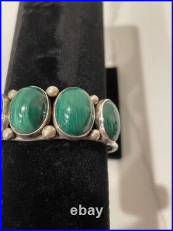 Vintage Navajo Sterling Silver Malachite Large Stones Cuff 44.1g Signed Sz 8.5