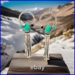 Vintage Navajo Sterling Silver Malachite Turquoise Inlay Dangle Drop Earrings
