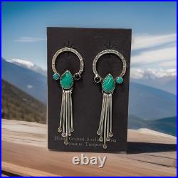 Vintage Navajo Sterling Silver Malachite Turquoise Inlay Dangle Drop Earrings
