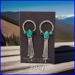 Vintage Navajo Sterling Silver Malachite Turquoise Inlay Dangle Drop Earrings