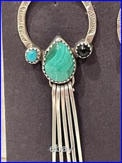 Vintage Navajo Sterling Silver Malachite Turquoise Inlay Dangle Drop Earrings