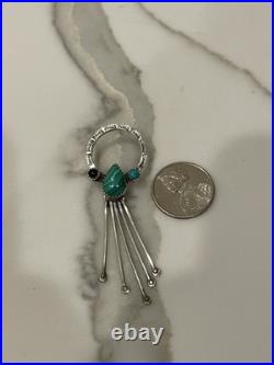 Vintage Navajo Sterling Silver Malachite Turquoise Inlay Dangle Drop Earrings