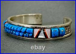 Vintage Navajo Sterling Silver Morenci Turquoise Cobblestone Inlay Cuff Bracelet