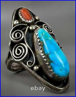 Vintage Navajo Sterling Silver Morenci Turquoise & Coral Saddle Ring GORGEOUS