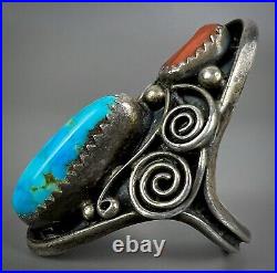 Vintage Navajo Sterling Silver Morenci Turquoise & Coral Saddle Ring GORGEOUS