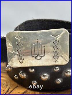Vintage Navajo Sterling Silver NP Signed BBT Armadillo Studded Leather Belt