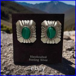 Vintage Navajo Sterling Silver Natural Malachite Earrings Signed TK 10.5g Weight
