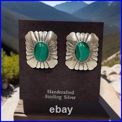 Vintage Navajo Sterling Silver Natural Malachite Earrings Signed TK 10.5g Weight