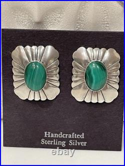 Vintage Navajo Sterling Silver Natural Malachite Earrings Signed TK 10.5g Weight