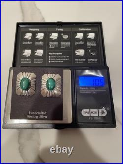 Vintage Navajo Sterling Silver Natural Malachite Earrings Signed TK 10.5g Weight