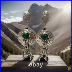 Vintage Navajo Sterling Silver Natural Malachite Feather Concho Dangle Earrings