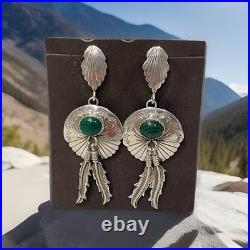 Vintage Navajo Sterling Silver Natural Malachite Feather Concho Dangle Earrings