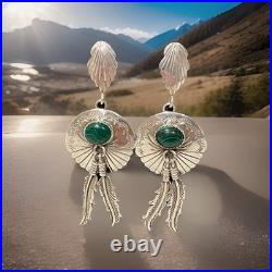 Vintage Navajo Sterling Silver Natural Malachite Feather Concho Dangle Earrings