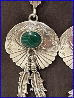 Vintage Navajo Sterling Silver Natural Malachite Feather Concho Dangle Earrings