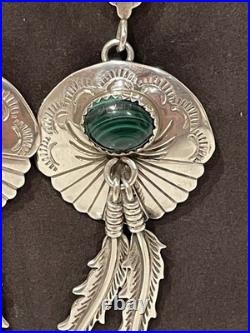Vintage Navajo Sterling Silver Natural Malachite Feather Concho Dangle Earrings Vintage Navajo Sterling Silver Natural Malachite Feather Concho Dangle Earrings