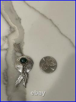Vintage Navajo Sterling Silver Natural Malachite Feather Concho Dangle Earrings